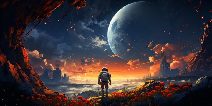 A man in a space suit stands on a rocky hillside in front of a large planet
