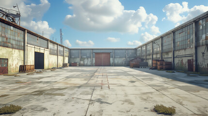 A large, empty warehouse with a lot of windows and a large door - 769782277
