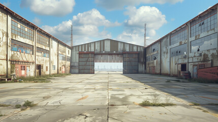 A large, empty warehouse with a lot of windows and a large door - 769782283