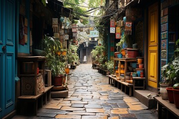 A picture of a narrow alleyway adorned with colorful graffiti. This image captures the vibrant and...