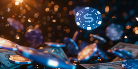 3D Blue Poker Chip Suspended between Money Bills and Casino Chips, Blurred Background