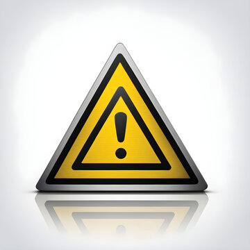 Placa de sinaliza&ccedil;&atilde;o triangular amarela com bordas cinzas indicando perigo e aten&ccedil;&atilde;o. Sinal de aviso amarelo com exclama&ccedil;&atilde;o.