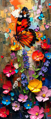 Oil painting on canvas. Butterflies, flowers and butterflies on canvas.
