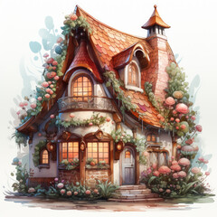 Obraz premium watercolor Kawaii Gingerbread House clipart, Generative Ai
