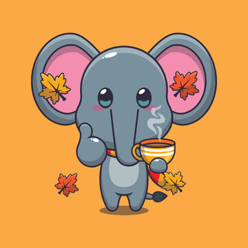 Cute elephant with coffee in autumn season. Mascot cartoon vector illustration suitable for poster, brochure, web, mascot, sticker, logo and icon.