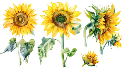 Set sunflowers, watercolor illustration, isolated white background, flora design , cut out
