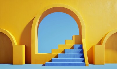 3d render, abstract simple blue yellow background with geometric architectural elements. Minimal showcase scene with stairs and round arch for product, Generative AI 