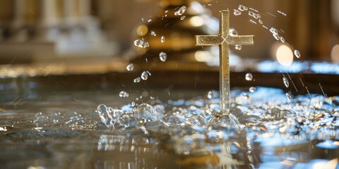 A close-up of a baptismal font filled with holy water, ready for the ceremony.  - obrazy, fototapety, plakaty