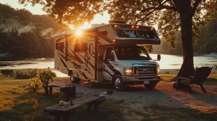Class C RV parked at a scenic campsite during sunset - obrazy, fototapety, plakaty