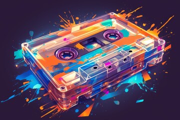  retro cassette tape with paint splashes, digital art