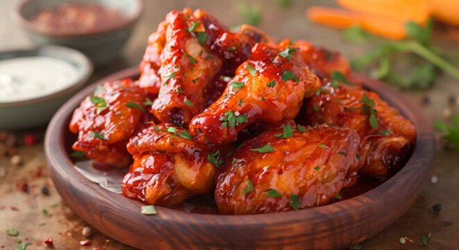 Spicy buffalo wings with blue cheese dressing, ready to be devoured.