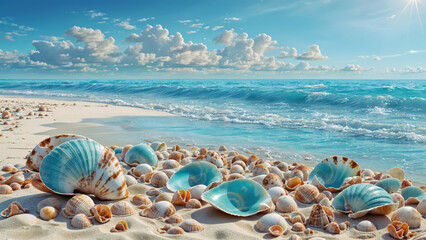 Beautiful seashells on the background of the seascape. AI - obrazy, fototapety, plakaty