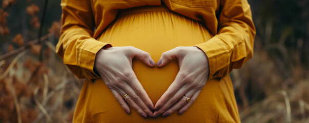Pregnant woman making heart shape with hands on belly - obrazy, fototapety, plakaty