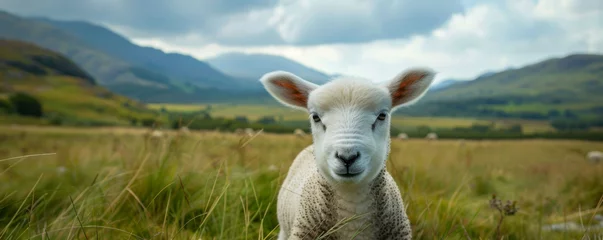 Fotobehang Lamb in a field with mountain backdrop © cac_tus