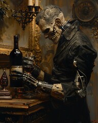 Butler Frankenstein pouring a glass of wine with mechanical precision his expression unreadable