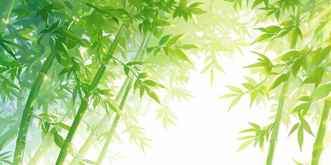Watercolor bamboo forest background with green leaves and sunlight