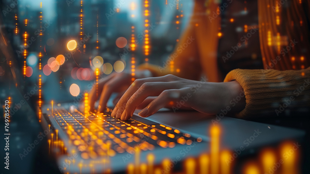 Poster top view of woman fingers typing in laptop, double exposure digital business data metrics, dashboard