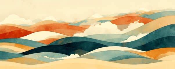 Watercolor painting of clouds in the sky, blending into each other and creating an abstract pattern with earthy tones