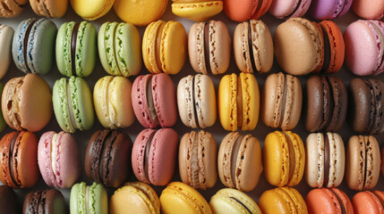 Assorted colorful macarons arranged in rows
