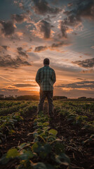 Fototapeta premium Man standing in a field at sunset