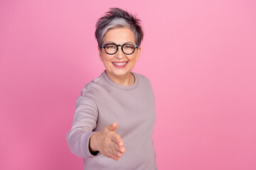 Photo of cheerful successful stylish retired woman shake hand arm greeting hiring new job isolated...