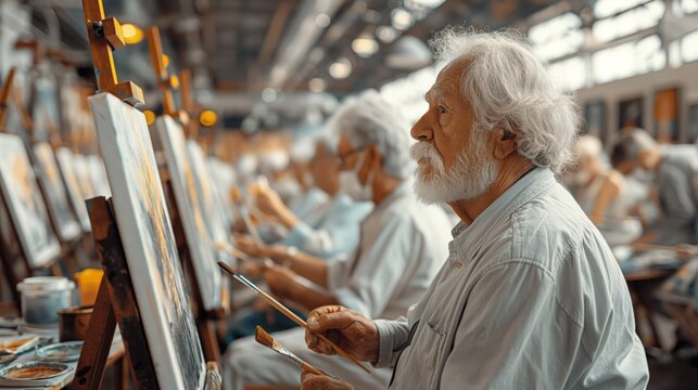 An elderly man with a full white beard and a focused expression is painting on a canvas, participating in an art class with other senior learners in a bright, spacious studio.
