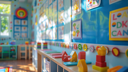 Colorful preschool classroom interior.