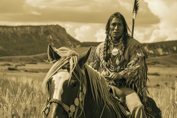 19th Century Native Americans: Young American Indian in war attire, sitting on a horse against the backdrop of the prairies