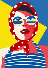 Illustration beautiful woman in retro summer fashion on the beach