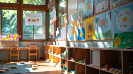 Empty preschool classroom with toys and bookshelves