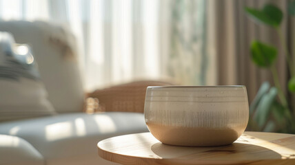 Ceramic bowl on a wooden table in a cozy room