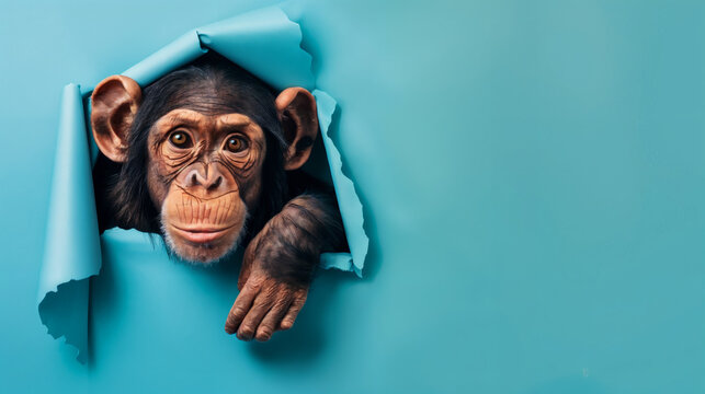 chimpanzee peeking out of hole in color wall, generative ai