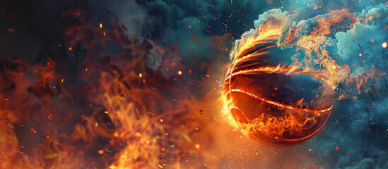 Fiery Basketball Elevation, Skyward Blaze Phenomenon, Blue Ethereal Ambiance - obrazy, fototapety, plakaty