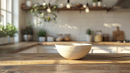 Fototapeta na wymiar Wooden bowl on kitchen counter.