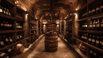 Obraz na płótnie Canvas Wine cellar interior, showcasing rows of aged wine bottles elegantly displayed on wooden shelves