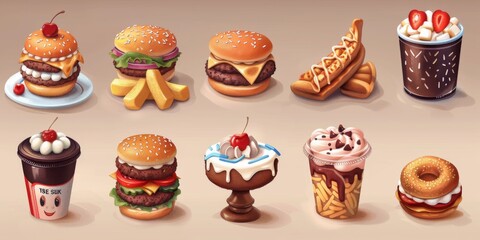 A set of various desserts and hamburgers. Generative AI