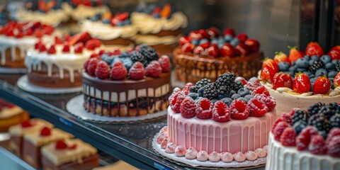 Various delicious desserts on the counter in a bakery, cake with fruits and berries. Generative AI
