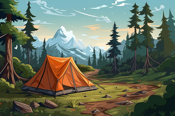 Cartoon camping in forest. Summer nature landscape with tent in wood with pine trees. Outdoor adventure concept - obrazy, fototapety, plakaty