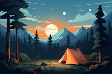 Cartoon camping in woods. Summer night forest with tents and campfire, adventure travel and vacation in nature. Flat illustration - obrazy, fototapety, plakaty