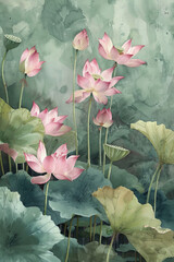 A beautiful watercolor painting of lotus flowers and leaves