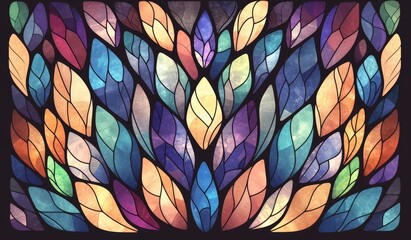 stained glass pattern, symmetrical colorful rainbow leaves - obrazy, fototapety, plakaty