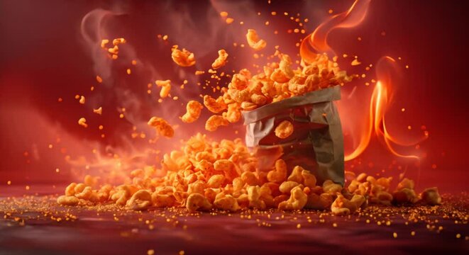 Flaming hot Cheetos bag spilling over, snack time.