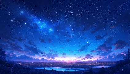 Starry night sky with clouds, fantastical landscape