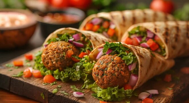 Falafel wrap with fresh veggies and tahini sauce, Middle Eastern fast food.