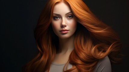 Naklejka premium Portrait of beautiful young red-haired girl with long chic shiny hair and natural face makeup