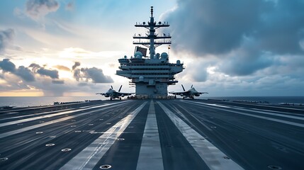 Modern Warship Aircraft Carrier at Sea with Jet Fighters on Deck at Sunset