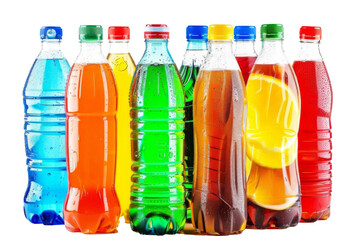 Plastic bottles of assorted carbonated soft drinks over isolated on white