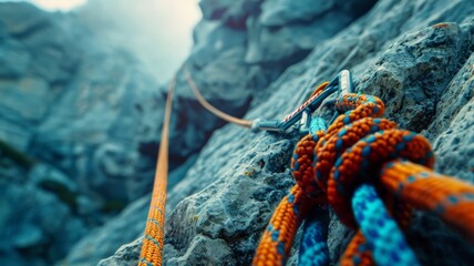 Climber's rope and harness on a towering rock face - obrazy, fototapety, plakaty