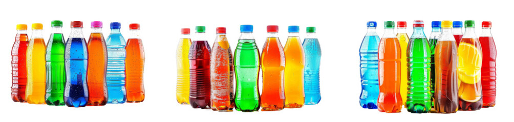 Set of Plastic bottles of assorted carbonated soft drinks over isolated on white - obrazy, fototapety, plakaty