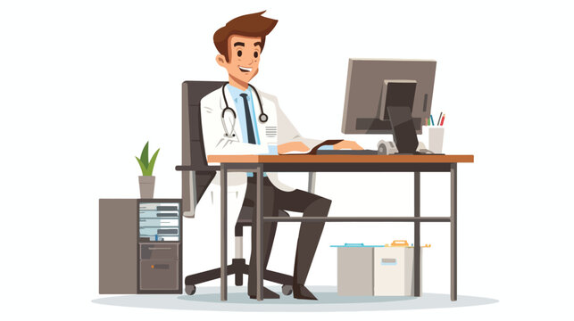 Character doctor sitting desk and chair flat cartoon